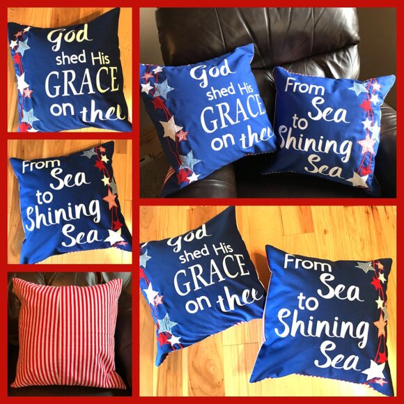 Patriotic Pillow Cover: Patchwork Stars, God Shed His Grace on Thee, 18x18 - Picture 7 of 7